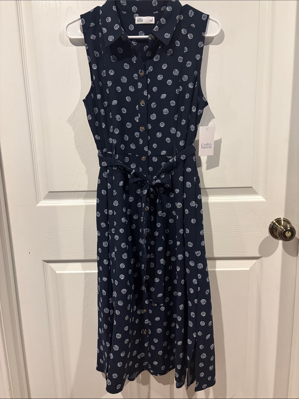 Navy Sleeveless Shell Print Button-Front Dress with Tie Waist